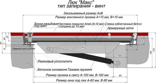 Напольный люк Макс с газовыми амортизаторами, запирание на болтах, 1 створка Напольный люк Макс с газовыми амортизаторами, запирание на болтах, 1 створка